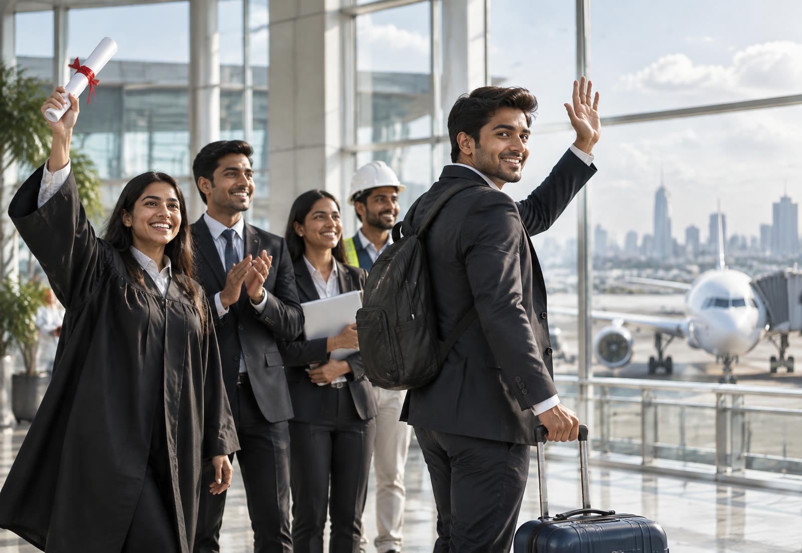 Indian graduates celebrating with certificates while a colleague waves goodbye at an airport departure gate