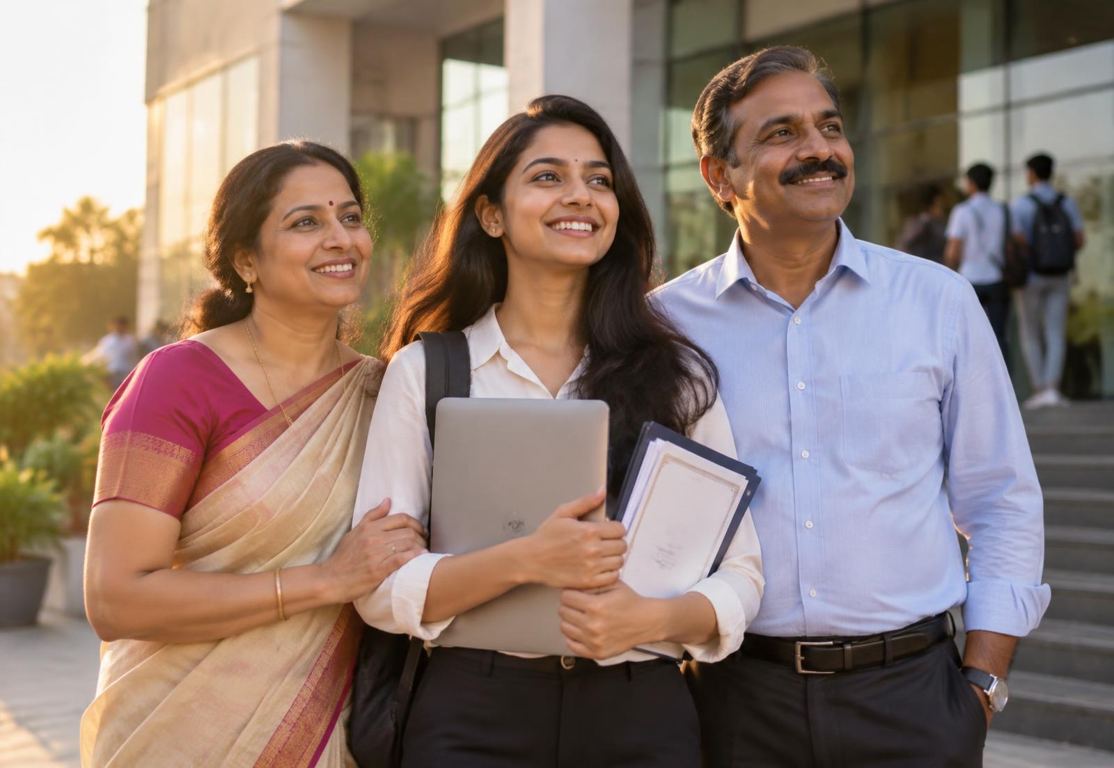 A young Indian student holding her laptop and certificates, standing with her proud parents outside a training institute